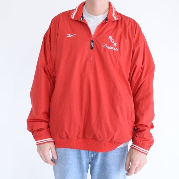 Vintage Reebok Red White Half Zip Nylon Lined Pull Over Windbreaker Jacket Large - Picture 2 of 11